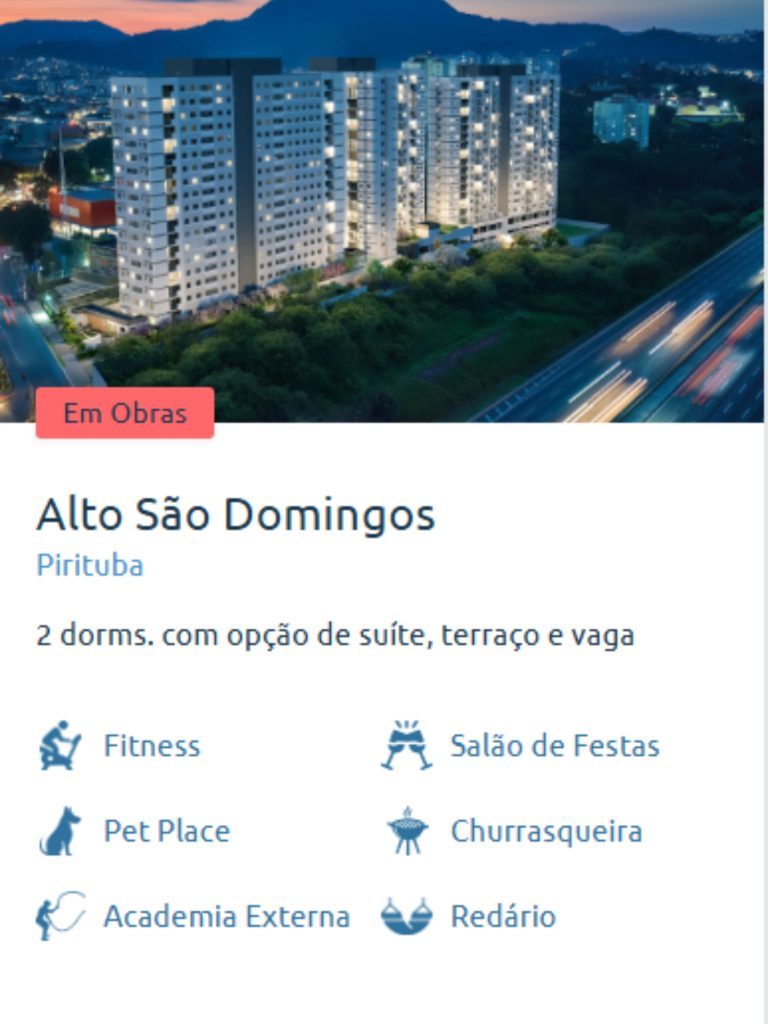 Fachada iluminada do Alto São Domingos à noite, com vista panorâmica da região de Pirituba e fácil acesso às principais vias.