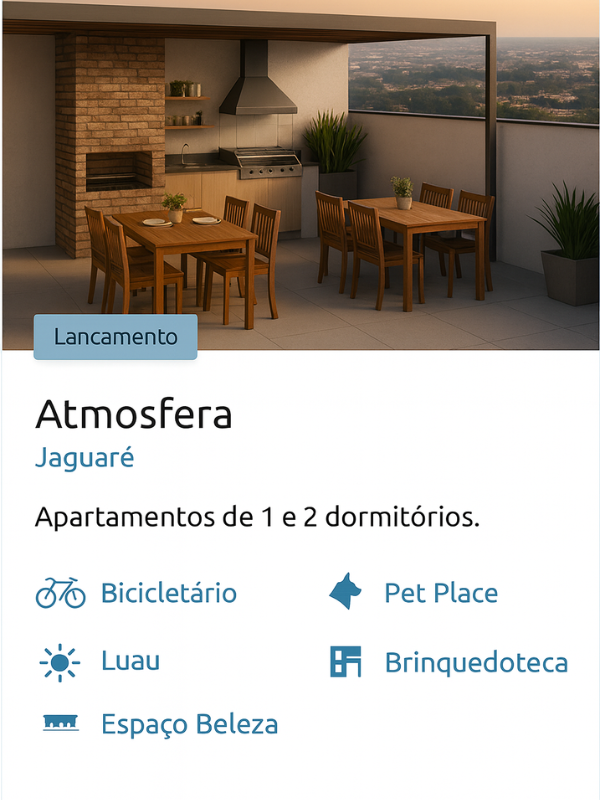 Empreendimento Atmosfera – Cury Construtora no Jaguaré, com 1 e 2 dormitórios e lazer completo: churrasqueira, pet place, salão de festas e brinquedoteca.