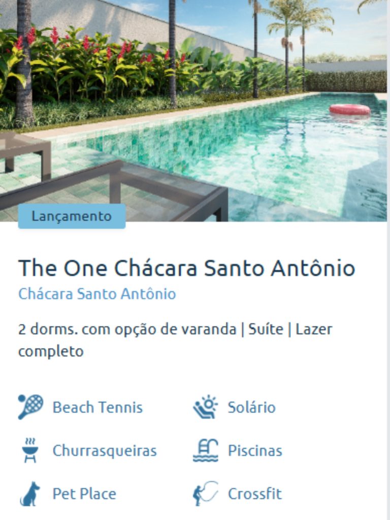 Piscina do The One Chácara Santo Antônio, lançamento da Cury Construtora em São Paulo. Empreendimento moderno com 2 dormitórios, opção de varanda e suíte, lazer completo com beach tennis, pet place e academia crossfit.