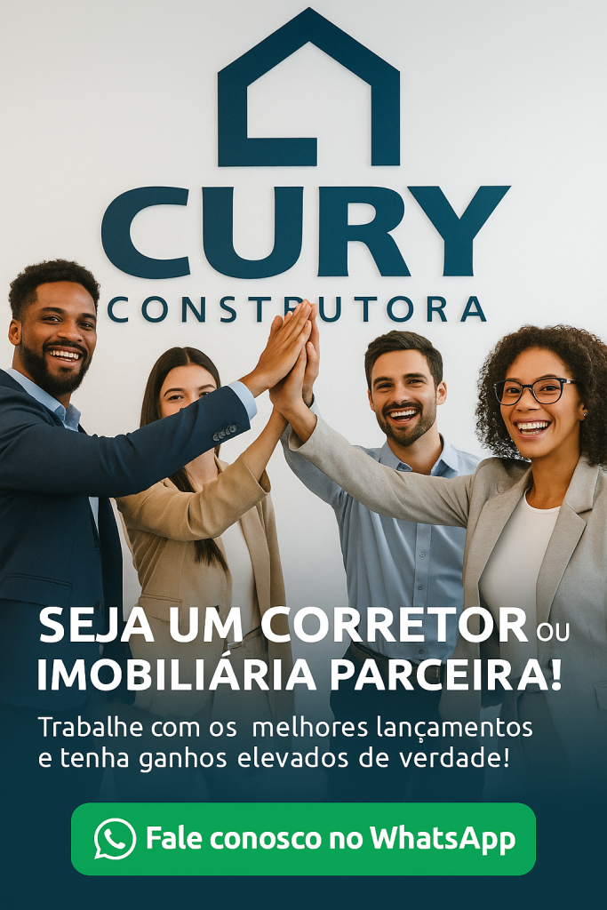 Corretores da Cury Construtora em plantão de vendas, convidando novos parceiros para fazer parte do time de sucesso.