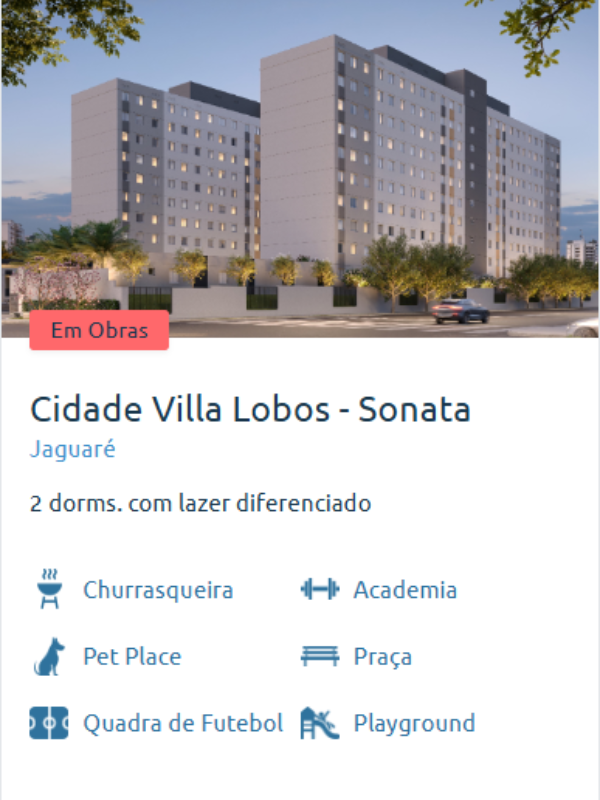 Fachada iluminada do Cidade Villa Lobos – Sonata, com torres modernas, áreas verdes e vista da região do Jaguaré.