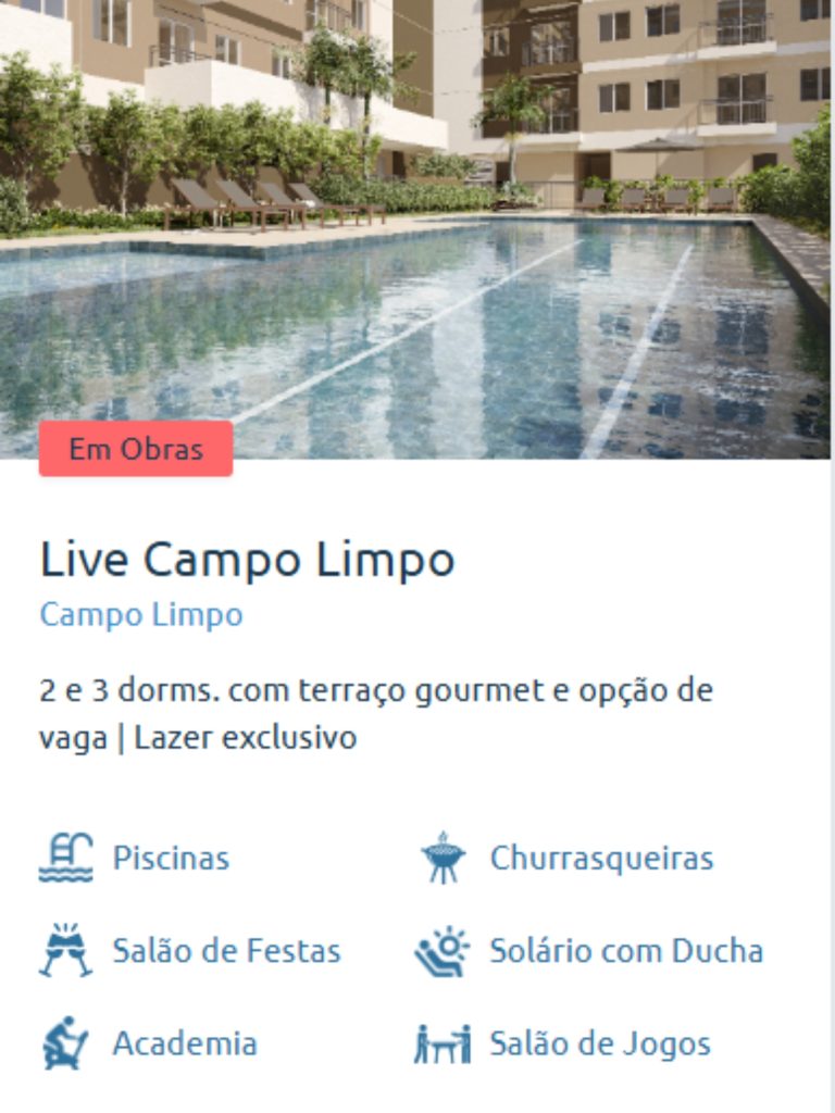Piscina do Live Campo Limpo com área de lazer completa, salão de festas, academia e churrasqueiras.