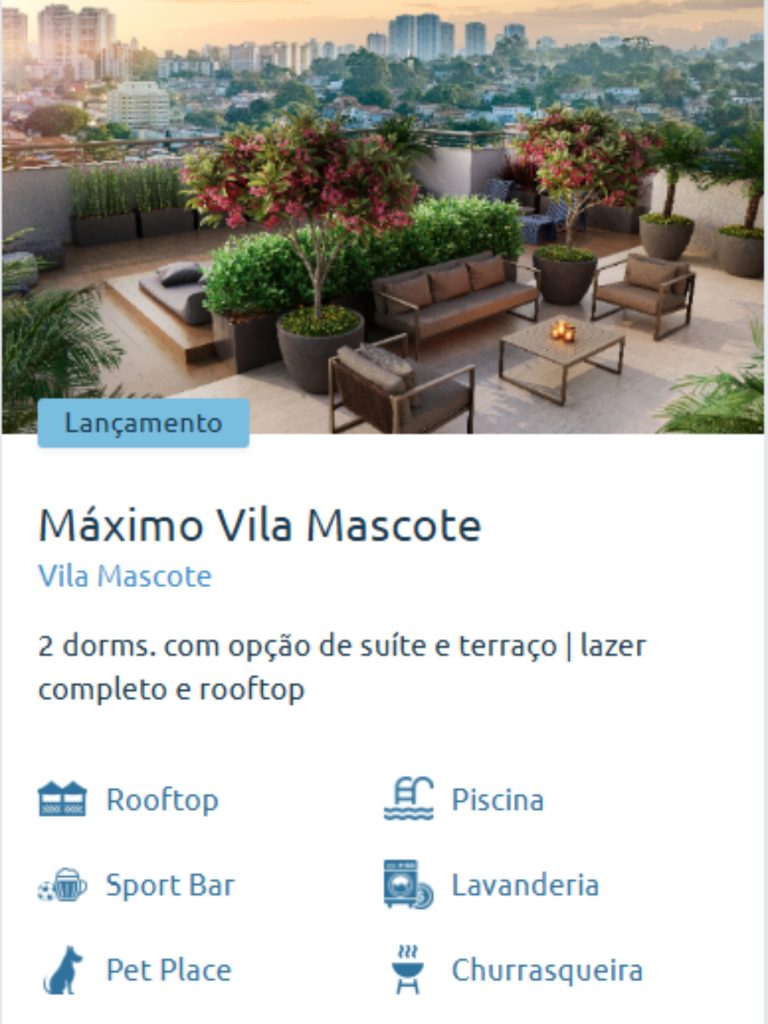 Rooftop do Máximo Vila Mascote com área de convivência, piscina, pet place e lazer completo.