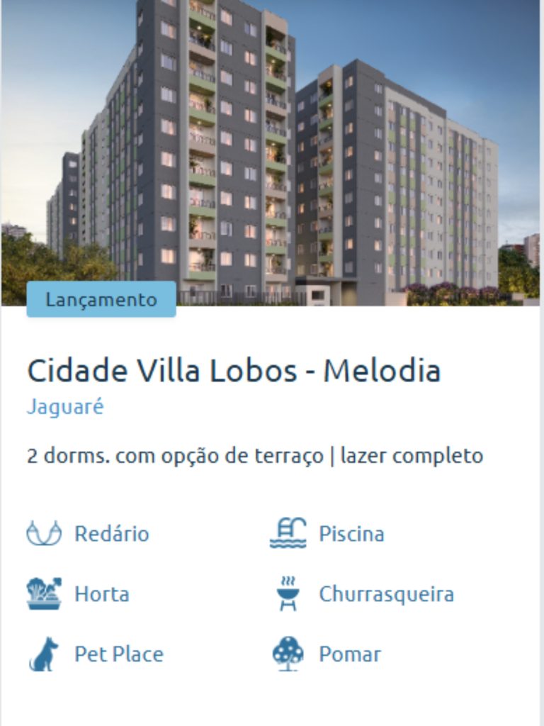 Fachada do Cidade Villa Lobos – Melodia, com arquitetura moderna e varandas iluminadas ao entardecer.