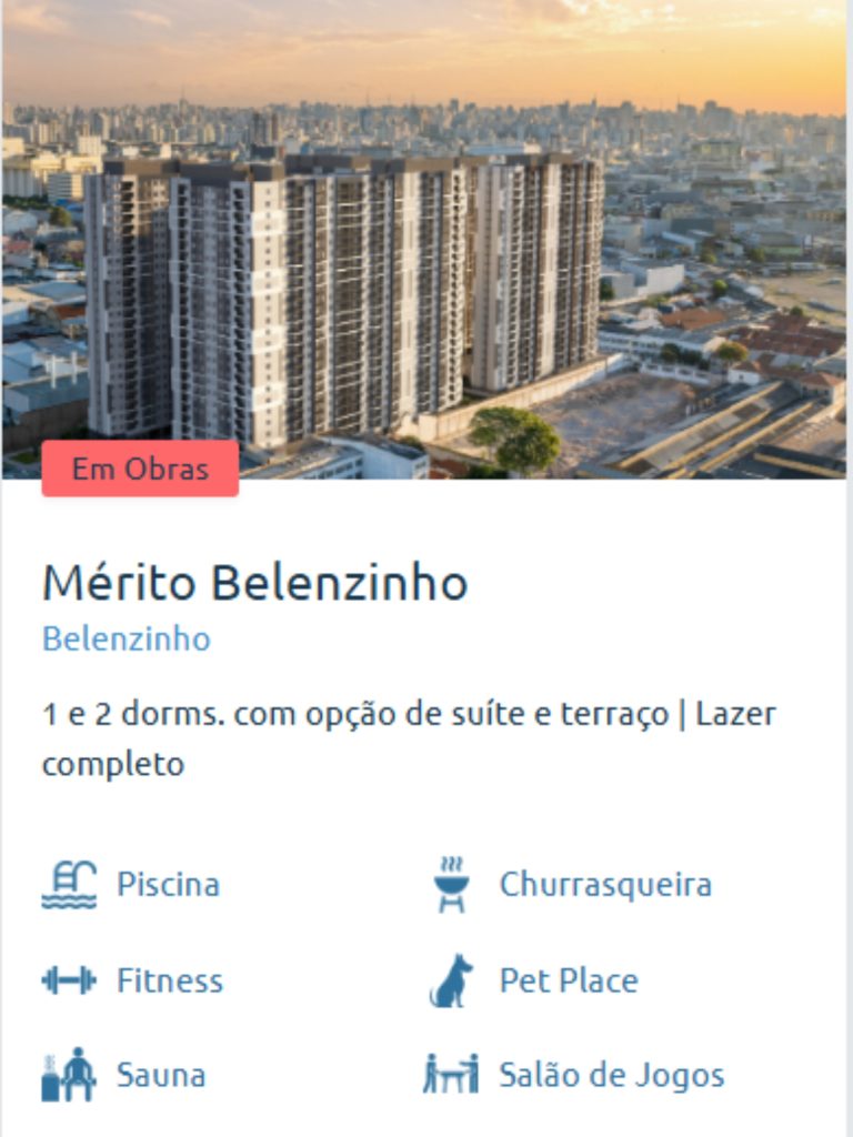 Fachada do Mérito Belenzinho, empreendimento da Cury Construtora em Belenzinho, São Paulo. Condomínio moderno com 1 e 2 dormitórios, opção de suíte e terraço, além de lazer completo com piscina, fitness, churrasqueira, sauna, pet place e salão de jogos.
