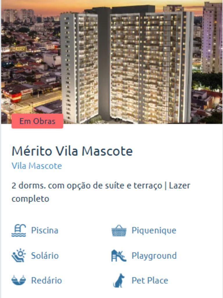 Fachada iluminada do Mérito Vila Mascote com lazer completo, piscina, playground e pet place.