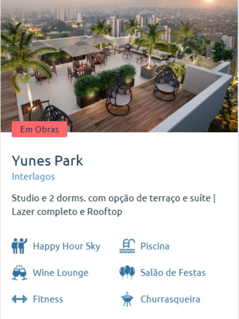 Rooftop do Yunes Park em Interlagos com vista panorâmica da cidade, áreas de convivência e lazer completo.