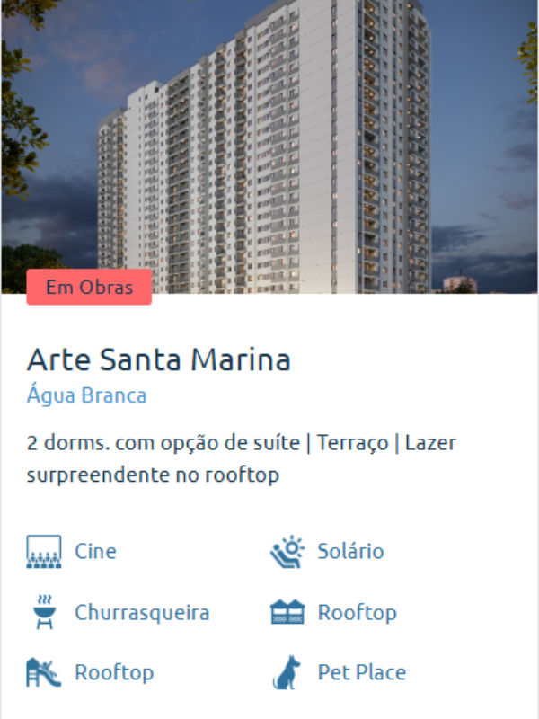 Fachada do empreendimento Arte Santa Marina ao entardecer, com iluminação moderna e área de lazer no rooftop.