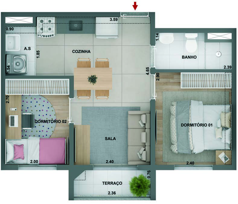 Planta humanizada do apartamento de 2 dormitórios com terraço no Barra Funda 930, empreendimento da Cury Construtora em São Paulo, com sala integrada, cozinha e área de serviço.