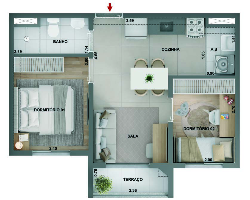 Planta humanizada do apartamento de 2 dormitórios com terraço no Barra Funda 930, empreendimento da Cury Construtora em São Paulo, com sala, cozinha e área de serviço integradas.