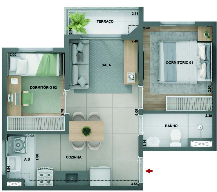 Planta humanizada do apartamento de 2 dormitórios com terraço no Barra Funda 930, empreendimento da Cury Construtora em São Paulo, com sala, cozinha integrada e área de serviço.