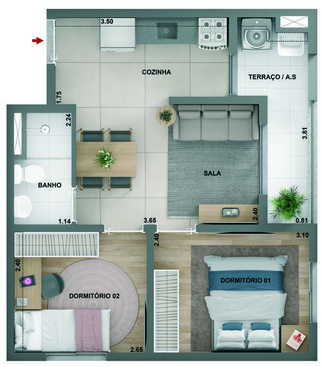 Planta humanizada do apartamento de 2 dormitórios com terraço e área de serviço no Barra Funda 930, empreendimento da Cury Construtora em São Paulo.