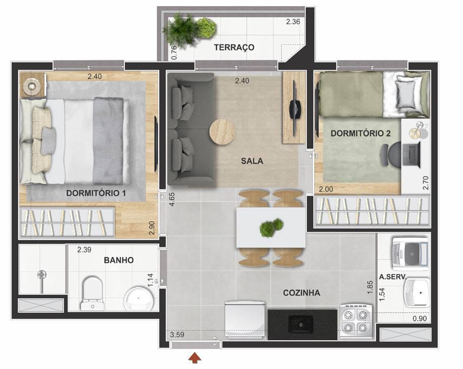 Planta do apartamento de 36 m² com 2 dormitórios no Modern Mooca, em São Paulo.