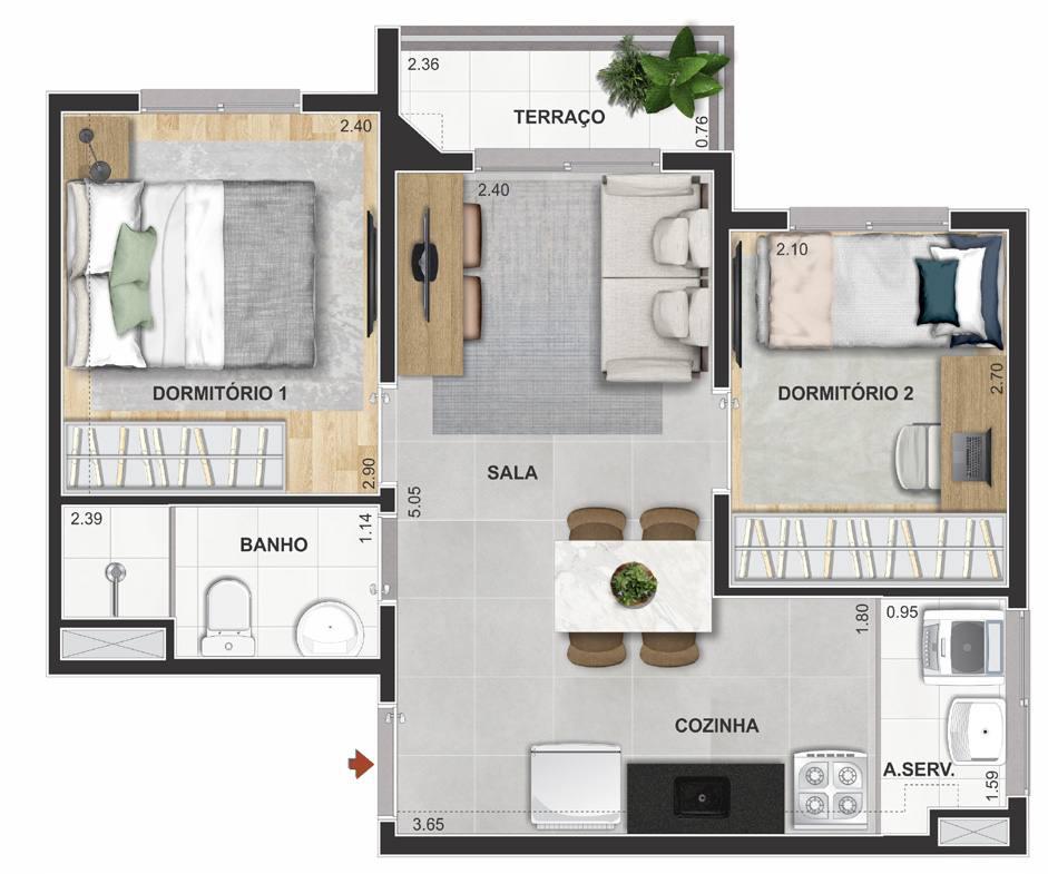 Planta do apartamento de 37 m² com 2 dormitórios e terraço no Modern Mooca. Título: Planta 37 m² com Terraço – Modern Mooca