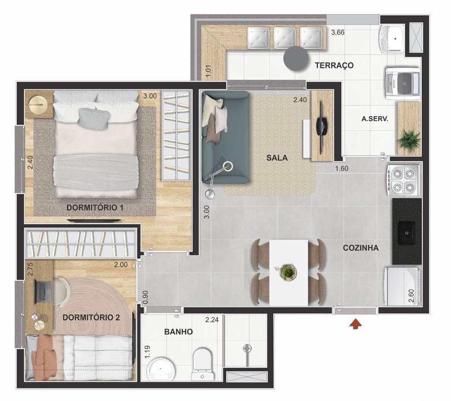 Planta do apartamento de 42 m² com suíte e terraço no Modern Mooca.