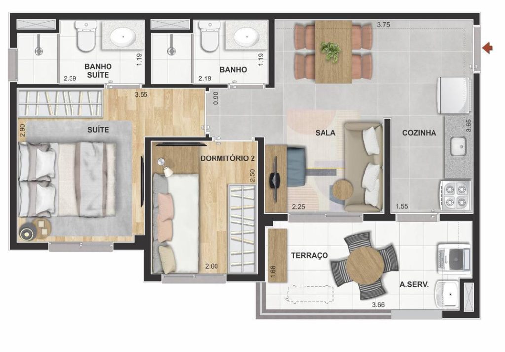 Planta do apartamento de 44 m² com suíte e 2 dormitórios no Modern Mooca, da Cury Construtora.