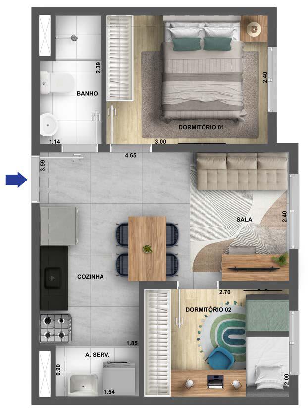 Planta de apartamento 34m² Cury Melodia — 2 dormitórios com sala, cozinha americana e área de serviço.