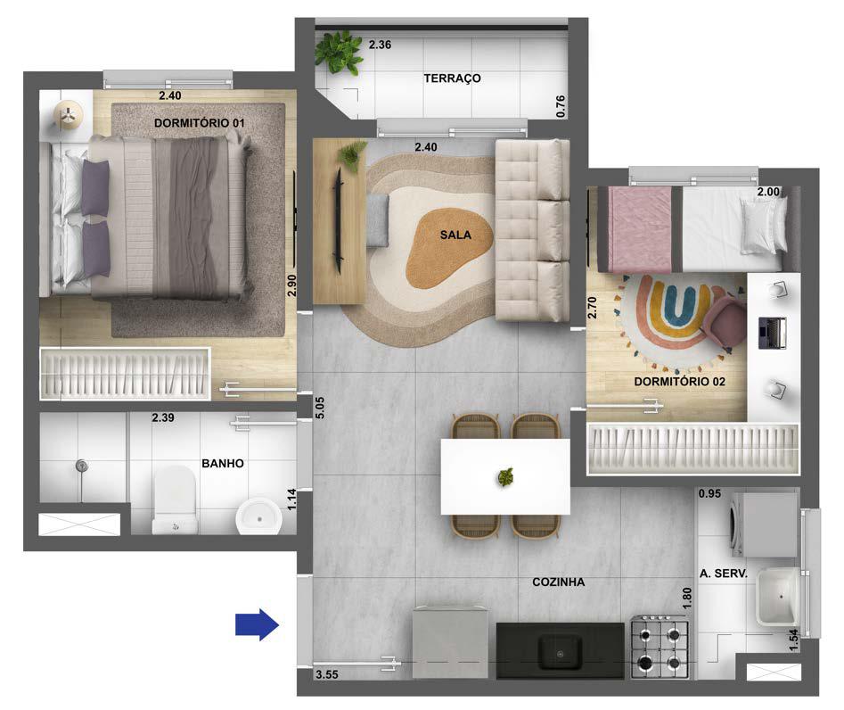 Planta de apartamento Cury Melodia 38m² — 2 dormitórios, sala com terraço e área de serviço.