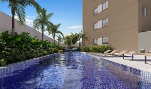 Piscina do Astro Santa Marina, empreendimento da Cury Construtora em São Paulo, com lazer completo e ambientes modernos.