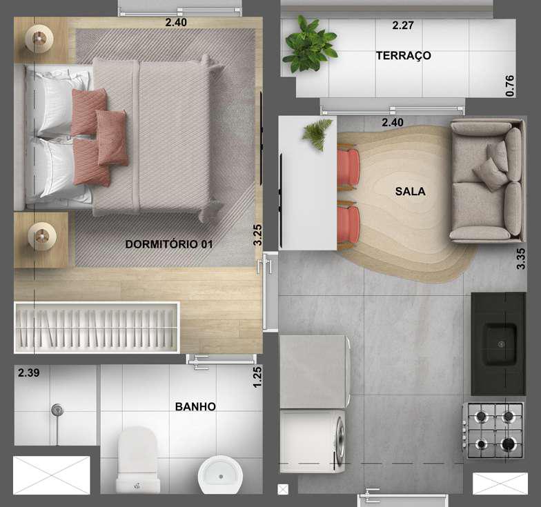 Planta humanizada do apartamento de 1 dormitório com terraço no Astro Santa Marina, empreendimento da Cury Construtora em São Paulo.