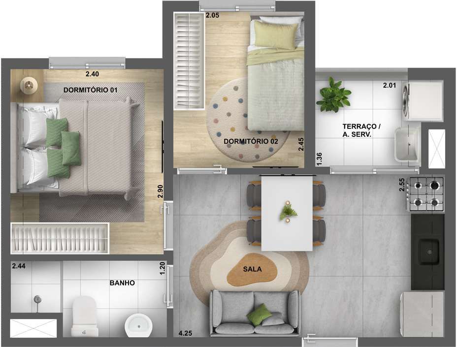 Planta humanizada do apartamento de 2 dormitórios com terraço e área de serviço no Astro Santa Marina, empreendimento da Cury Construtora em São Paulo.