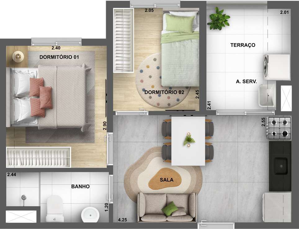 Planta humanizada do apartamento de 2 dormitórios com terraço e área de serviço no Astro Santa Marina, empreendimento da Cury Construtora em São Paulo.