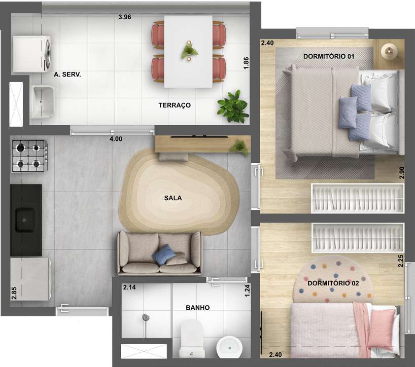 Planta humanizada do apartamento de 2 dormitórios com terraço e área de serviço no Astro Santa Marina, empreendimento da Cury Construtora em São Paulo.