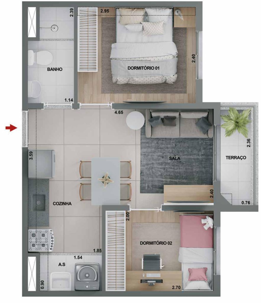 Plantas do empreendimento Mirae Bom Retiro da Cury Construtora, com opções de 1 e 2 dormitórios, varandas e áreas bem distribuídas entre sala, cozinha e banheiro.