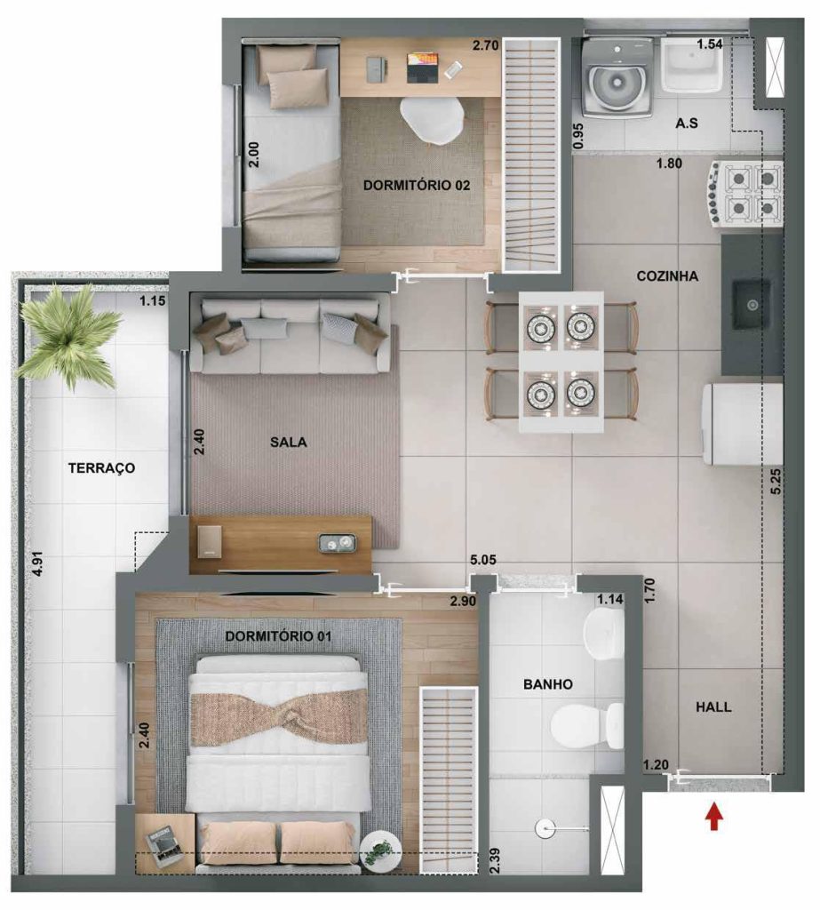 Planta ilustrada de apartamento de 2 dormitórios com terraço ampliado, cozinha integrada e banheiro social.