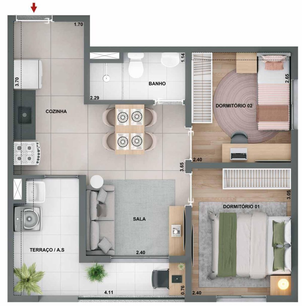 Planta ilustrada de apartamento de 2 dormitórios com terraço integrado à sala, cozinha, área de serviço e banheiro social.