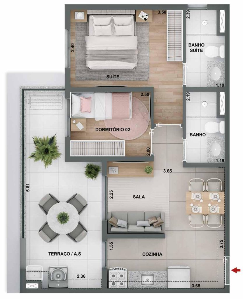 Planta ilustrada de apartamento de 2 dormitórios com suíte, terraço, sala integrada, cozinha e dois banheiros.