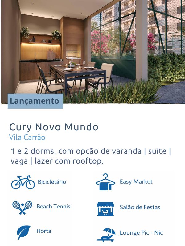 Imagem do empreendimento Cury Novo Mundo no Vila Carrão, com área de lazer gourmet, espaço para refeições, jardim integrado e estrutura moderna em condomínio residencial com rooftop.