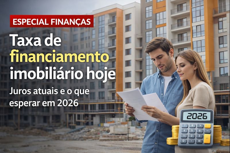 Taxa de financiamento imobiliário hoje com casal analisando documentos e prédio residencial ao fundo