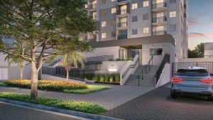 Fachada do empreendimento Mérito Lapa da Cury, com entrada principal, áreas verdes, escadaria e acesso para veículos