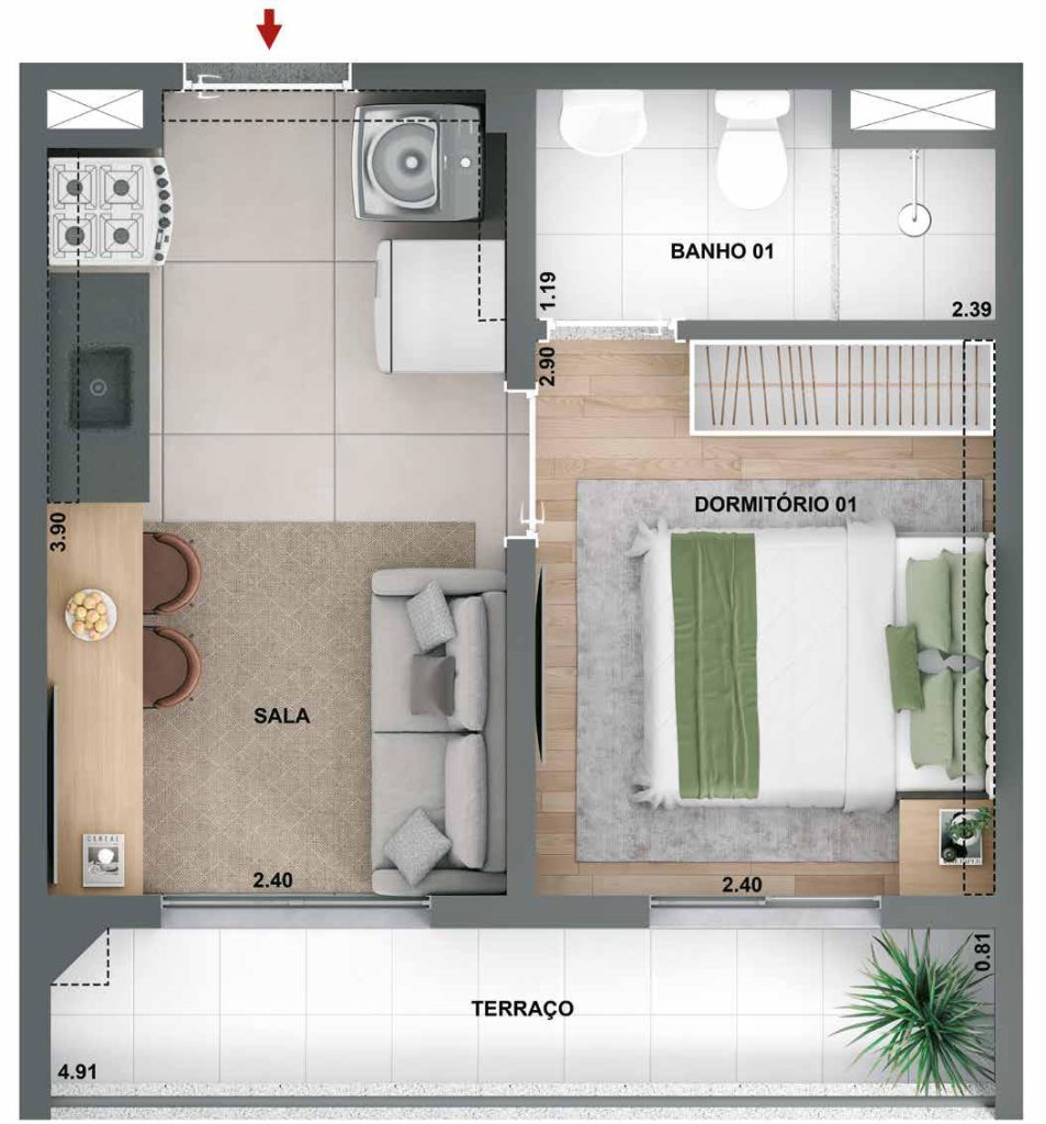 Planta de apartamento com 1 dormitório, sala integrada e terraço – imóvel HIS e HMP em São Paulo