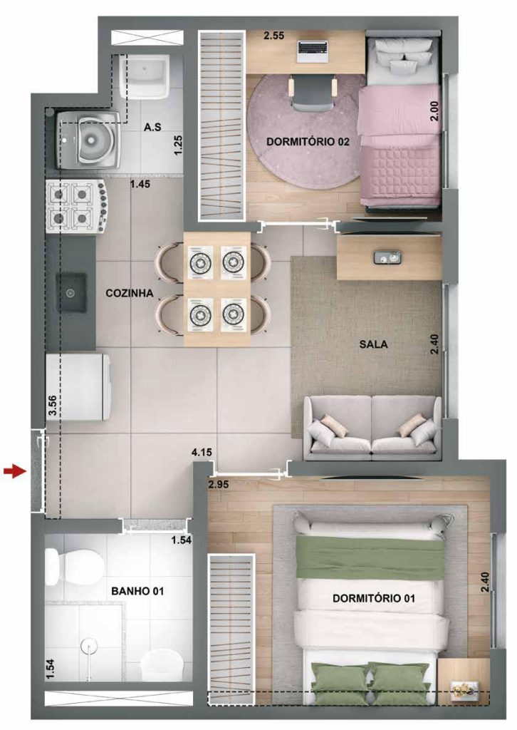 Planta de apartamento com 2 dormitórios, sala e cozinha integradas – imóvel popular em São Paulo