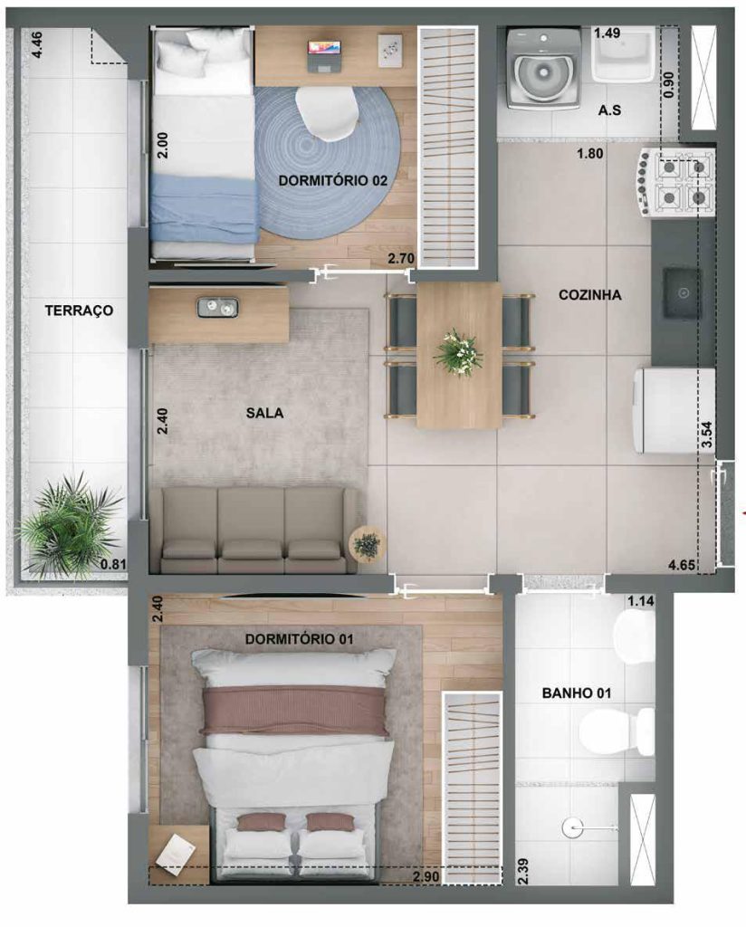 Planta de apartamento com 2 dormitórios e terraço – financiamento facilitado HIS e HMP