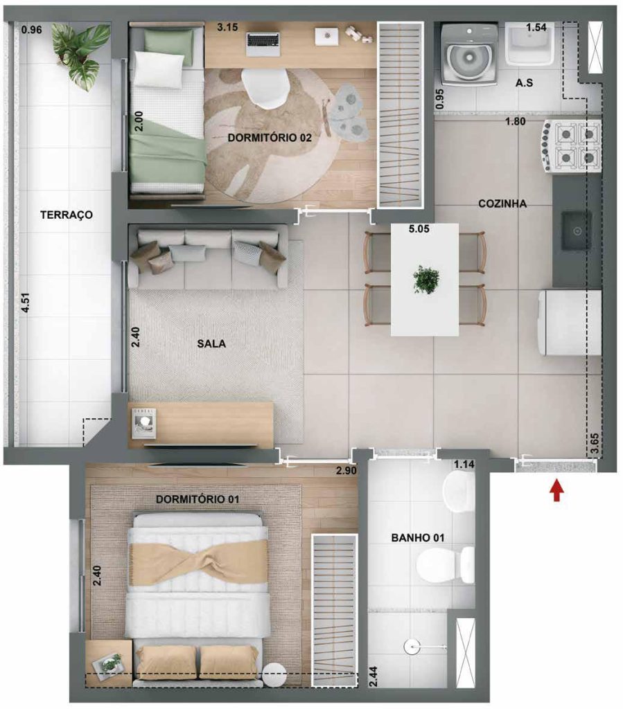 Planta de apartamento com 2 dormitórios e cozinha integrada – imóvel HIS e HMP São Paulo
