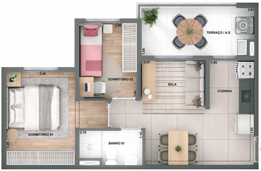 Planta de apartamento com 2 dormitórios e terraço – imóvel popular com lazer privativo