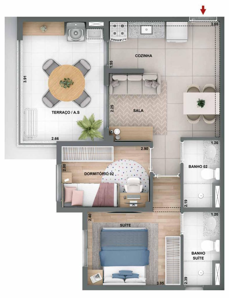 Planta de apartamento com suíte e 2 dormitórios – imóvel HMP em São Paulo
