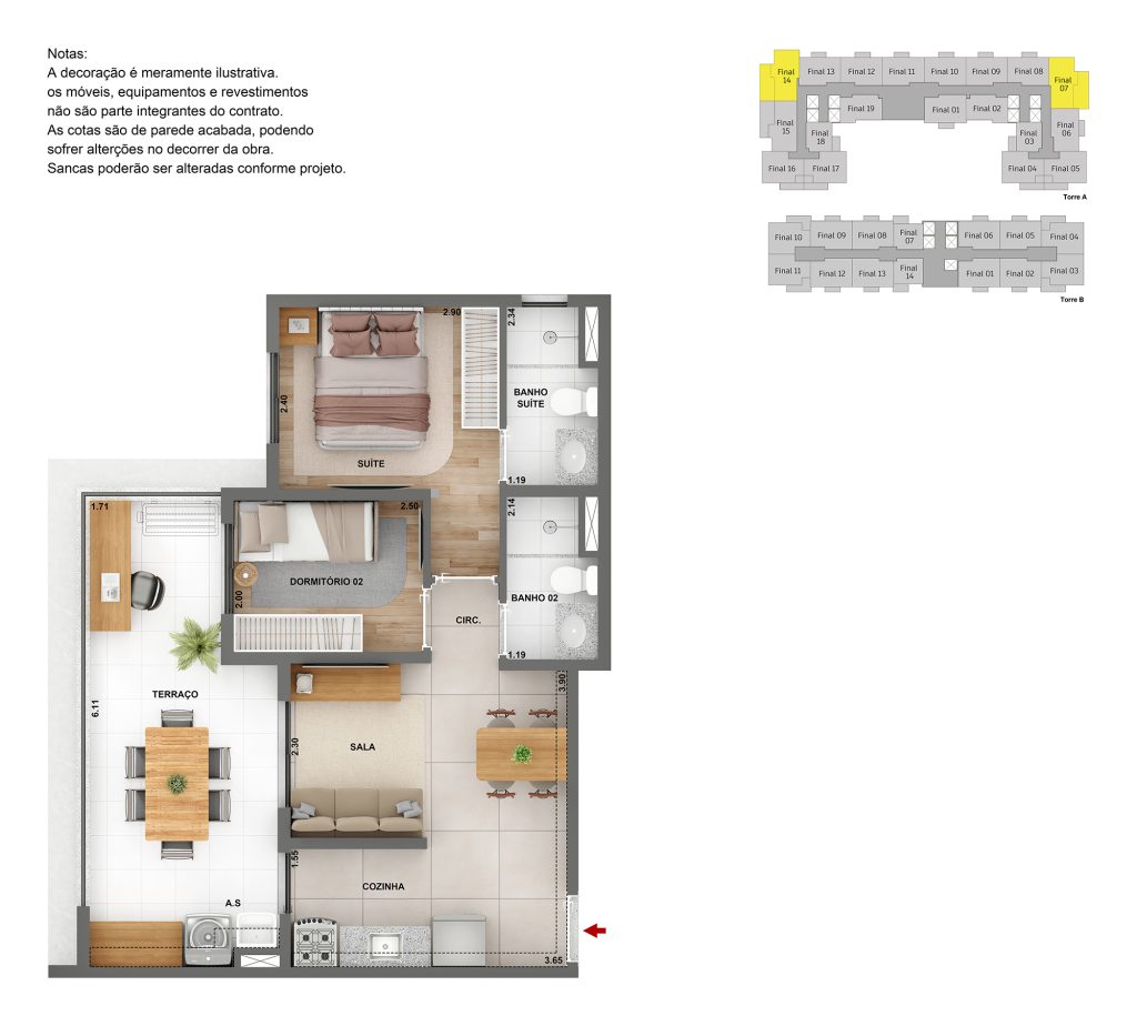 Planta humanizada Tipo A do Parque das Nações Cury, com 2 dormitórios, suíte e terraço integrado à sala.