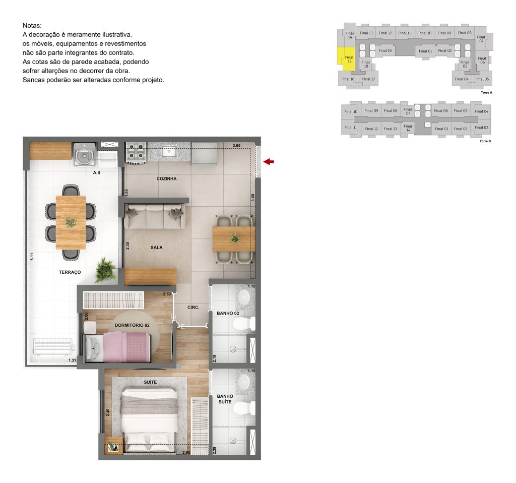 Planta humanizada Tipo B do Parque das Nações Cury, 2 dormitórios com suíte e terraço amplo.