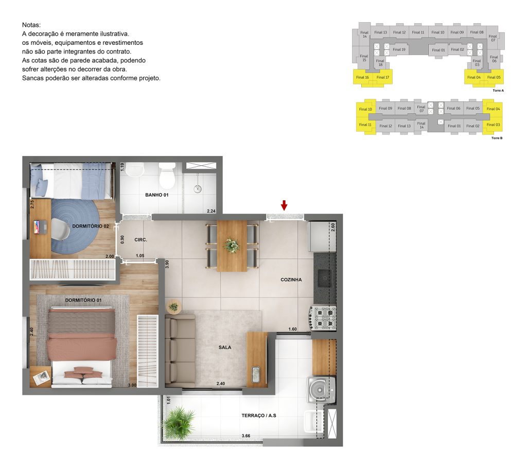 Planta humanizada Tipo C do Parque das Nações Cury, apartamento com 2 dormitórios e cozinha integrada.
