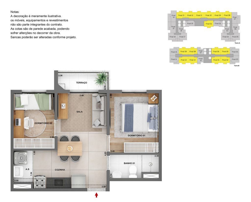 Planta humanizada Tipo D do Parque das Nações Cury, com 2 dormitórios e terraço integrado.