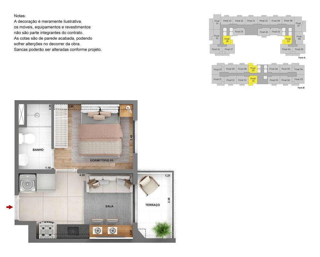 Planta humanizada Tipo F do Parque das Nações Cury, apartamento de 1 dormitório com terraço.