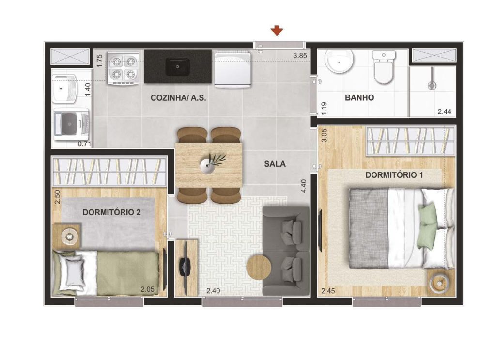 Planta ilustrada do apartamento de 2 dormitórios do Parque Guarapiranga – Rio Bonito.