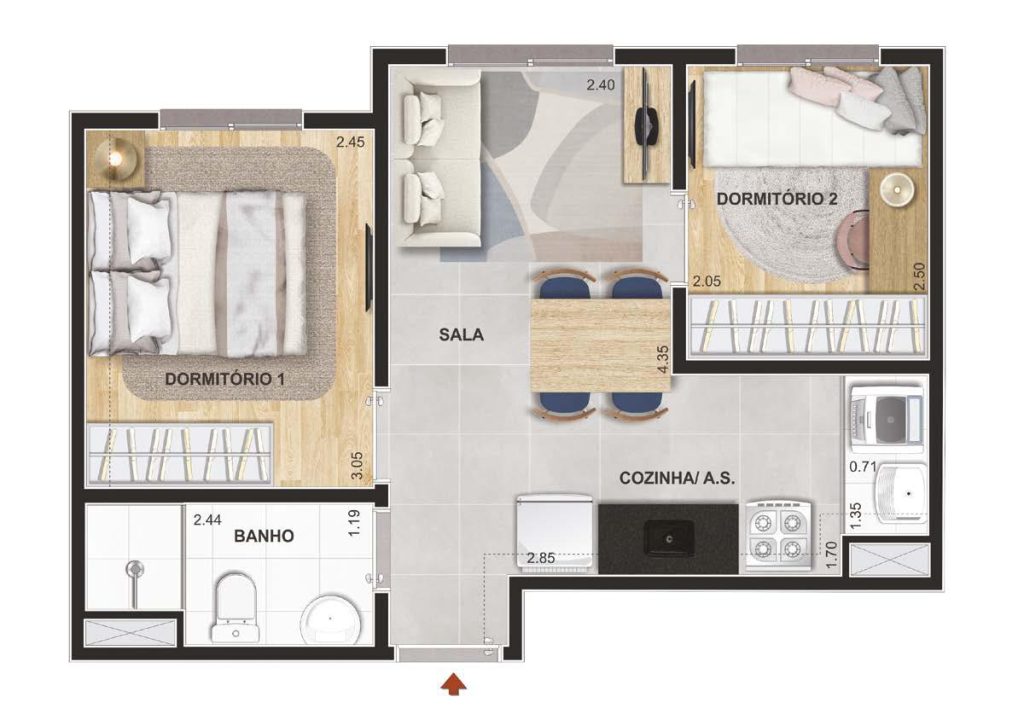 Planta ilustrada do apartamento de 2 dormitórios com sala ampliada – Parque Guarapiranga – Rio Bonito.