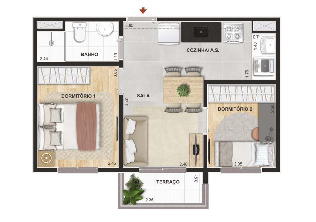Planta do apartamento de 2 dormitórios com terraço – Parque Guarapiranga – Rio Bonito.