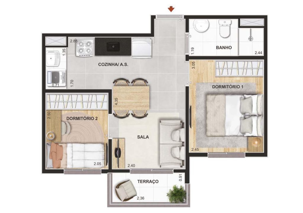 Planta do apartamento de 2 dormitórios com cozinha lateral – Parque Guarapiranga – Rio Bonito.