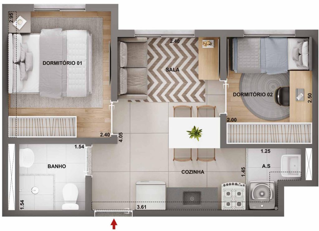 Planta humanizada de um apartamento de 2 dormitórios do Barra Funda 900 Cury, com sala integrada à cozinha, banheiro social e área de serviço.